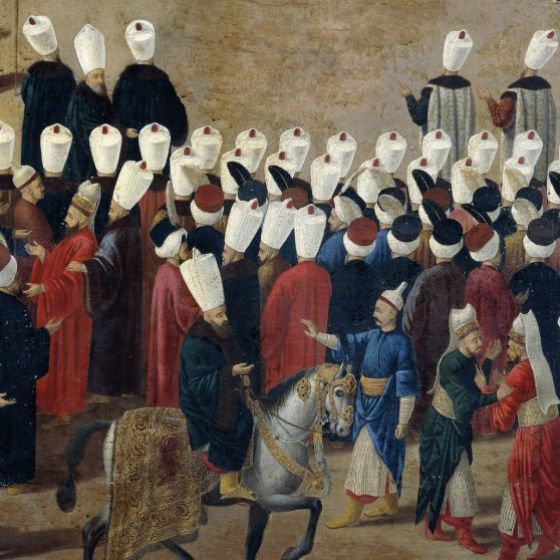 Heads of the regions of the Ottoman Empire, detail from the Reception at the Court of Selim III at the Topkapi Palace, gouache on paper. Detail. Turkey, 18th century.