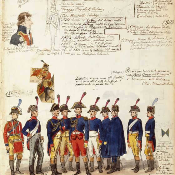 Militaria, Italy, 19th century. Various uniforms of the Kingdom of Etruria, 1801. Color plate by Quinto Cenni.